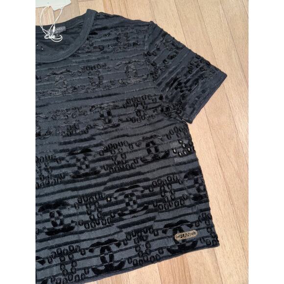 Chanel 21C Black Flocked Velvet CC Logo Top Short Sleeve Tee T Shirt S Small - Picture 4 of 16